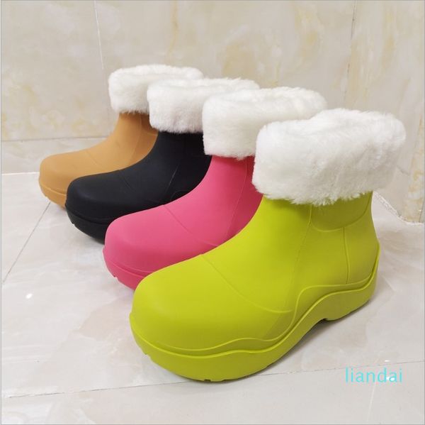 

pvc thick sole wool rain boots women round toe waterproof warm ankle botas female winter candy color snow boots platform shoes, Black;red