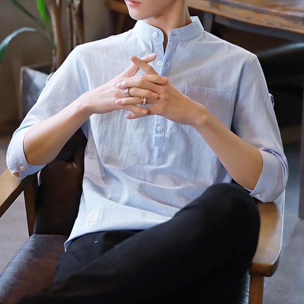 

men casual stand collar blouse three-quarter sleeve cotton linen shirt male men's shirts, White;black