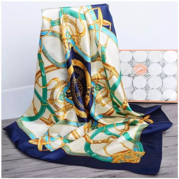 

scarves silk scarf women print hair neck square office ladies shawl bandanna 90x90cm muslim hijab handkerchief muffler foulard, Blue;gray