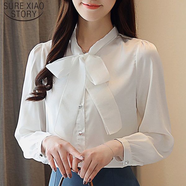 

autumn small fragrance solid white office lady bow long sleeve chiffon shirt blouse 5116 50 210415