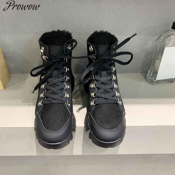 

boots prowow snow women sneakers lace up fur goth soft sole booties designer shoes zapatos mujer, Black