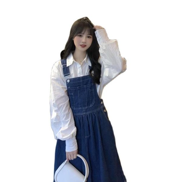 

casual dresses loose denim dress college girls fashion blue cotton strap big pocket, Black;gray