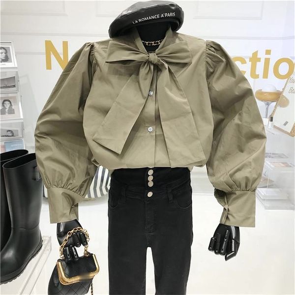 

stand collar lace up bow design ol blouse women puff long sleeve single breast blusas spring shirt feminino 210422, White