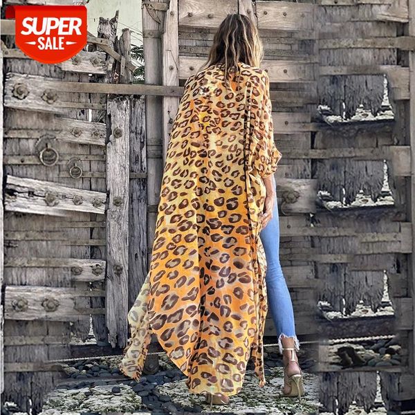 

2021 yellow boho leopard printed chiffon bikini cover-ups plus size beach wear kimono dress women summer swimsuit cover up a865 #zc5q, Black;gray