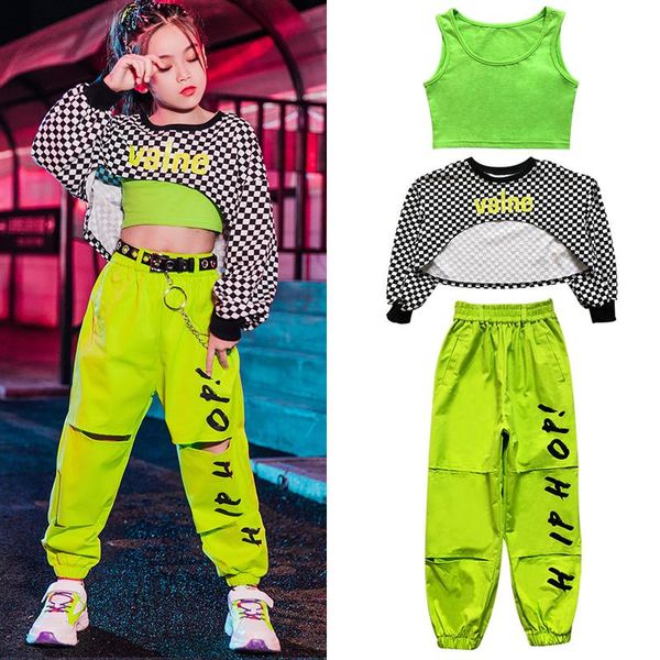 

stage wear girls hip hop clothing jazz costume lattice fluorescent green pants modern show outfit rave clothes kids l5299, Black;red