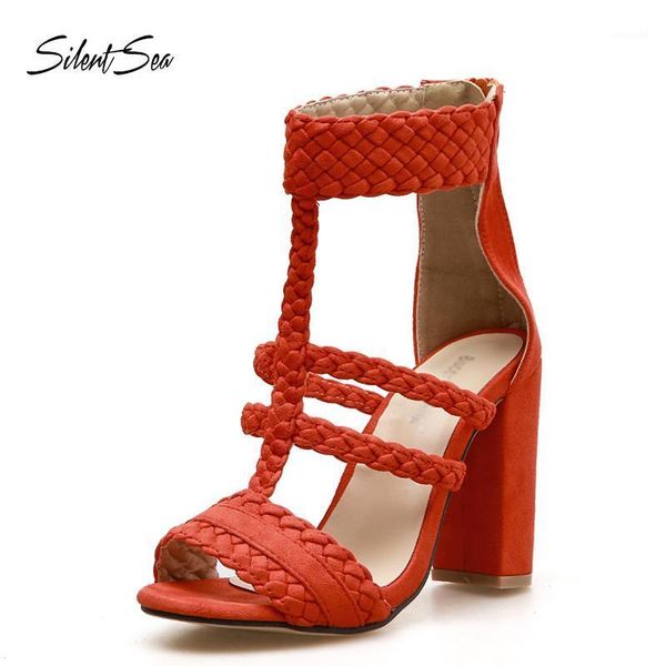 

dress shoes silentsea women sandals summer lace-up fashion high heels design peep toe female square heel ladies1, Black