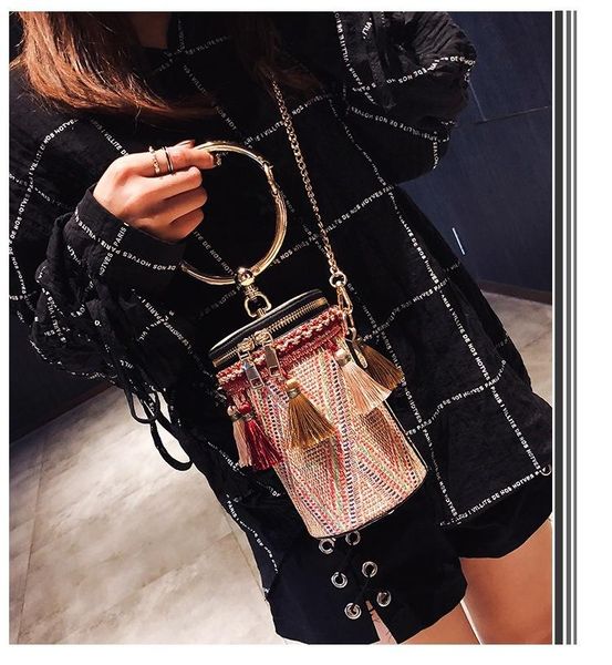 

tassel straw bag casual chain bucket fashion ethnic style shoulder cosmetic bags & cases