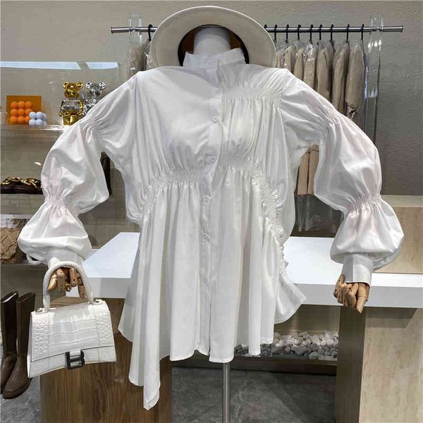 

niche 2021 bubble sleeve sleeves design irregular drape shirt dress, Black;gray