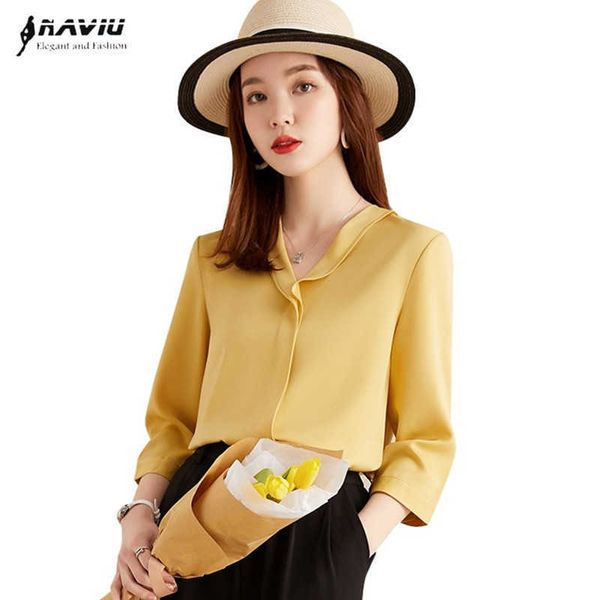 Naviu мода v шеи блузки лето половина рукава шифоновая рубашка женщины топы офис офис леди формальный износ 210604