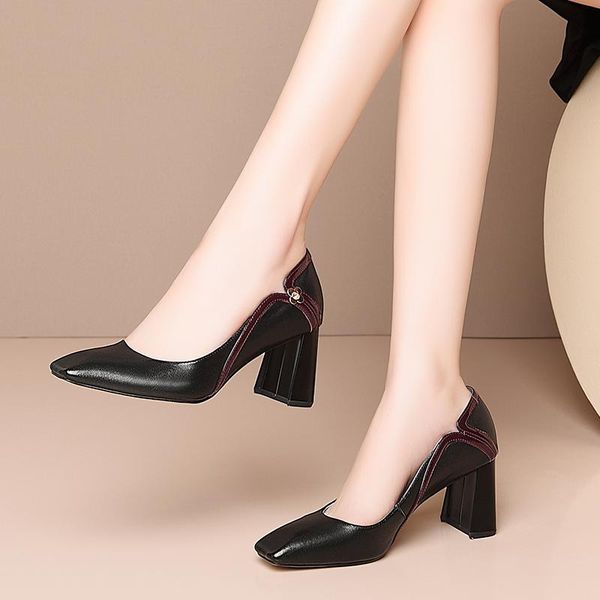 

dress shoes ins women pumps natural leather plus size 22-26.5cm ladies internet celebrity cowhide high heel 7cm wedding, Black