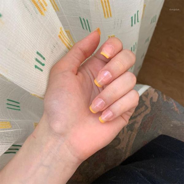 

24pcs/box yellow-edged french simple wear fake nails press on finished patch full cover mid-length size artificial false1, Red;gold