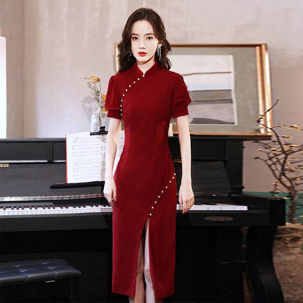 

toast cheongsam bride wine red self-cultivation summer usually can wear engagement wedding small evening drs skirt women, Black