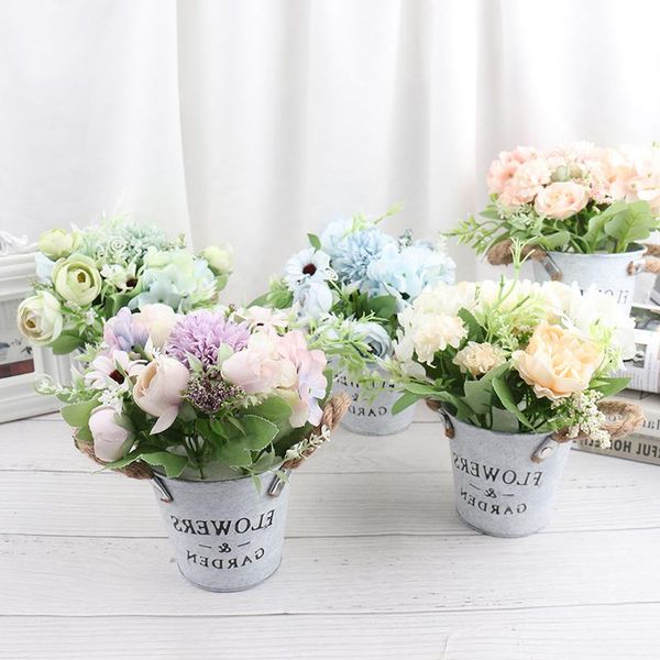 

decorative flowers & wreaths nordic artificial flower set(flower+vase)ceramic rope vase rose plants potted wedding decoration fake