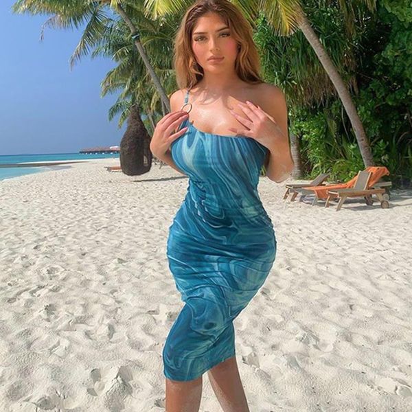 

casual dresses women summer printed long dress adults ladies slim fit one shoulder o-ring spaghetti strap, Black;gray