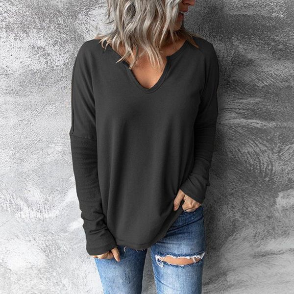 

women's blouses & shirts autumn and winter women t shirt solid color long-sleeved v-neck vintage bottoming casual plus size pullover t-, White