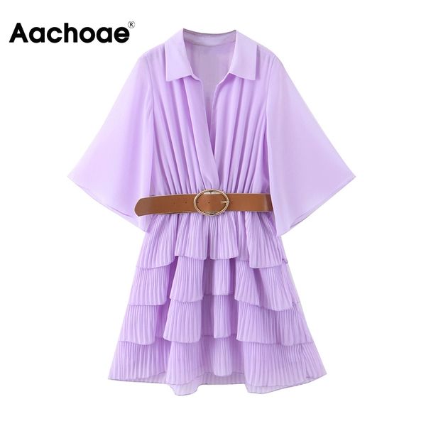 

aachoae women purple chiffon mini dress with belt summer flare sleeve cascading ruffle dress lapel collar solid casual dresses 210413, Black;gray