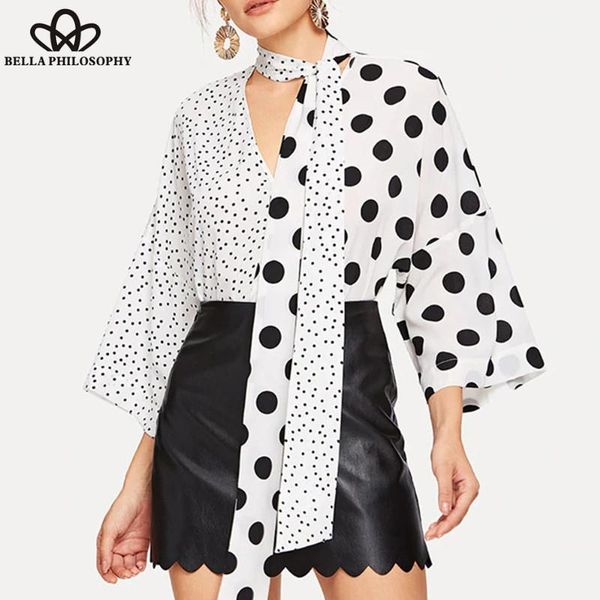 

herstory spring women v-neck polka dot blouse casual asymmetric splicing shirts vintage patchwork lady 2021 women's blouses &, White