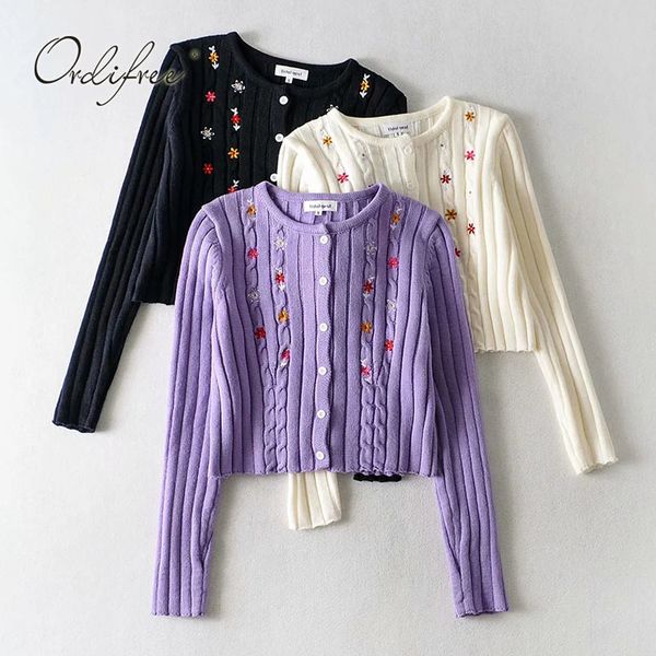 

autumn women knitted jumpers long sleeve floral embroidery vintage sweater cardigan 210415, White;black