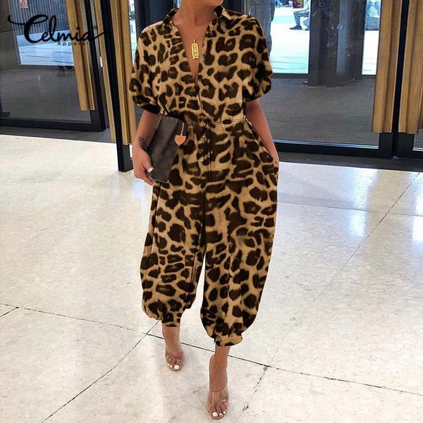 

celmia plus size summer romper women leopard print retro jumpsuits short sleeve casual loose buttons cargo pants overalls, Black;white