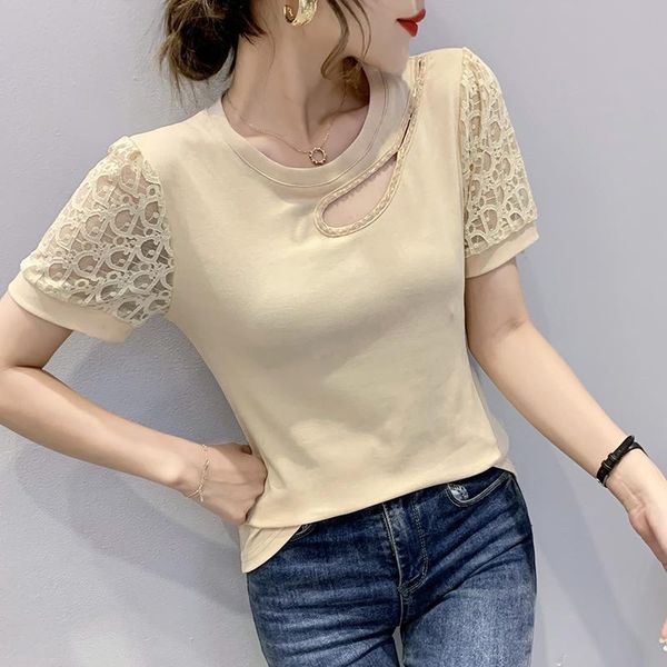 

lace hollow out tees stitching cotton short sleeve round collar t-shirt 2021 summer female fashion cultivate unlined women's, White