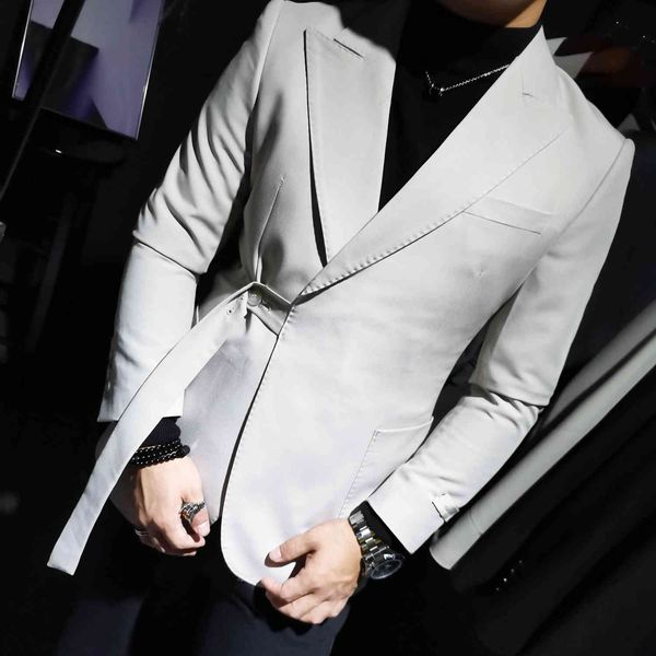 

men's suits & blazers designer asymmetric button jacket and belt men's chic jacket suit tailoring slim fit fashion stage competiti, White;black