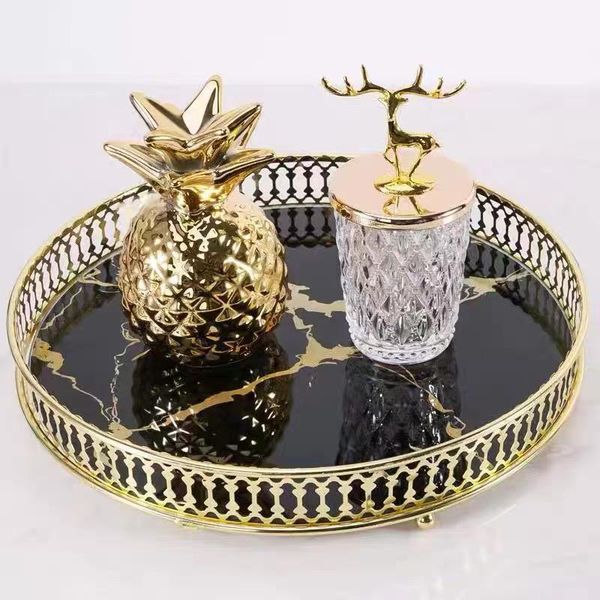 

kitchen storage & organization gold hollow marble jewelry display drinkware tray luxury home decoration round cosmetic platter