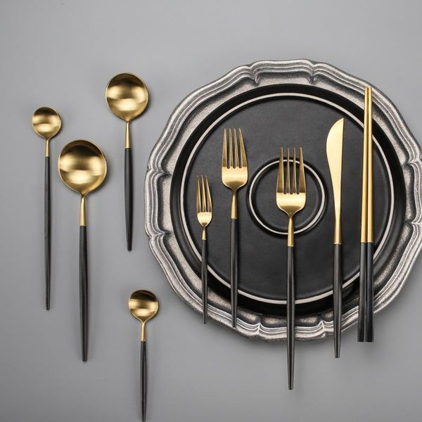 

dinnerware sets set stainless steel black handle gold cutlery dinner scoop fork knife teaspoon tableware drop