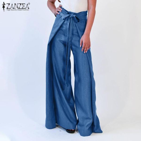 

women's pants & capris zanzea denim blue long 2021 summer solid wide leg pant womens elegant high waist trousers lady casual loose belt, Black;white