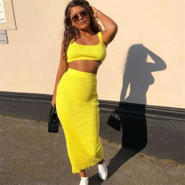 Newasia Amarelo Dois Peça Definir Crop Top e Saia Longa Conjunto de Roupas de Verão Mulheres 2 Peça Outfits Ribbed Bodycon Party Conjuntos de Correspondência 210413