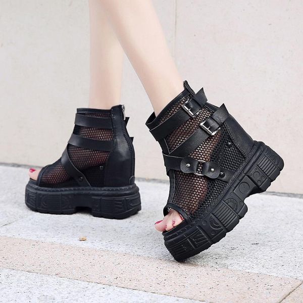 

dress shoes women summer wedge fish mouth zipper sandals mesh breathable casual buckle sport zapatos de mujer#g3, Black