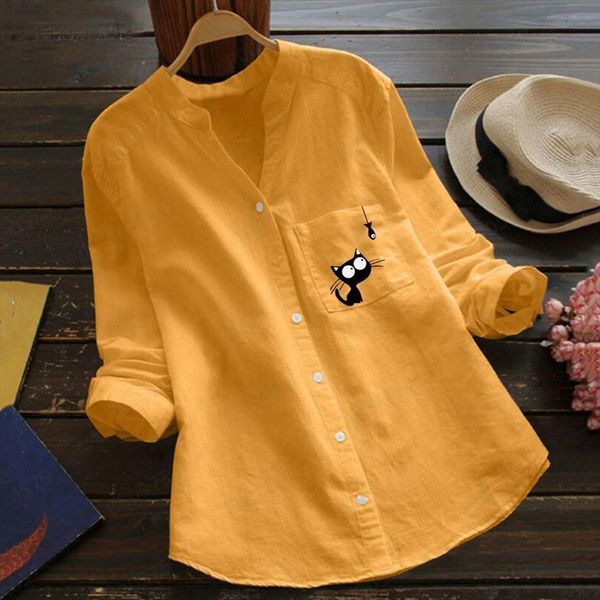 

cute cat linen fall womens shirt long sleeve collared loose casual blouses, White