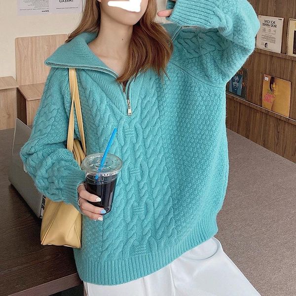 

women's knits & tees knitted shirt twist zipper female temperament spring /autumn 2021 collar fashion knitting coat to wear western sty, White
