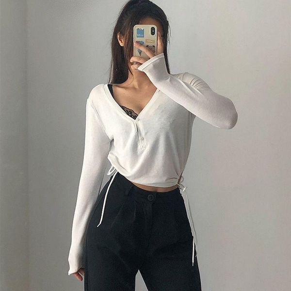 

yoga outfit women's t-shirt v-neck modal lightweight drawstring gym clothing button long-sleeved loose thin running blouse