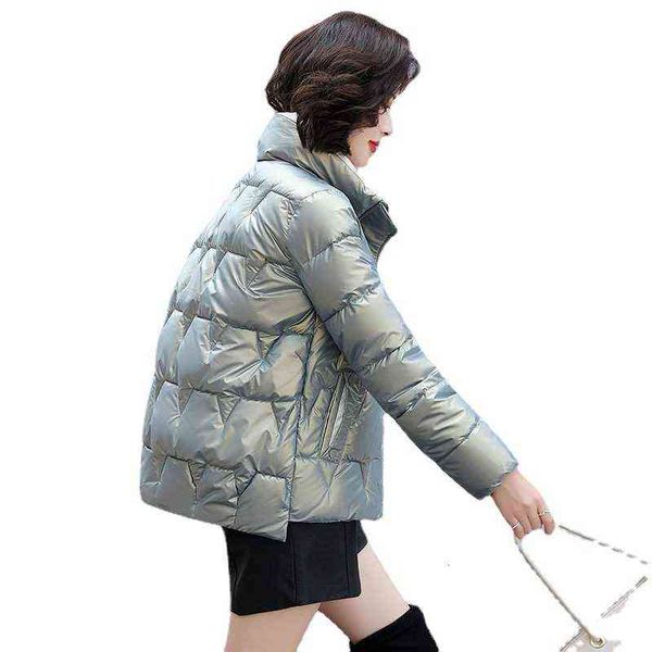 

down cotton padded et female 2021 bright leather wash autumn and winter short korean fashion stand collar, Black