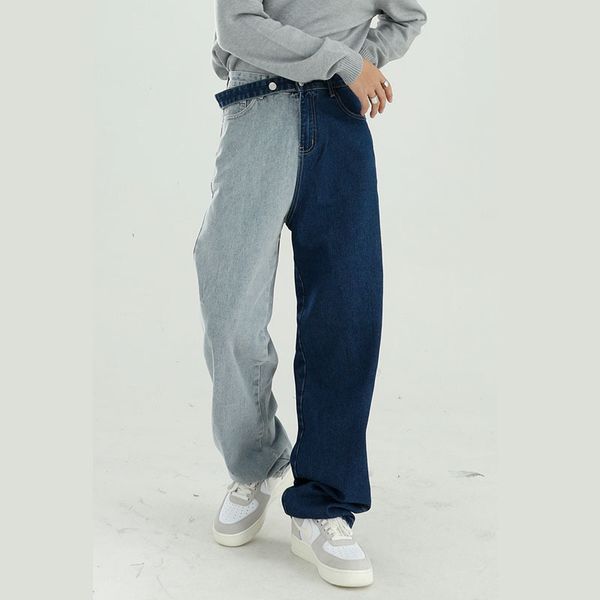 

male hip hop jeans trousers men women splice color streetwear vintage fashion casual straight denim pant, Blue