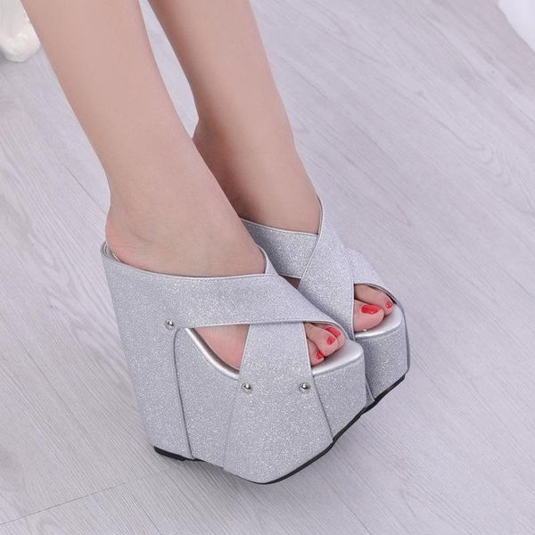 

slippers women's sequin sandals, 18cm high heels, balcony summer sandals, Black