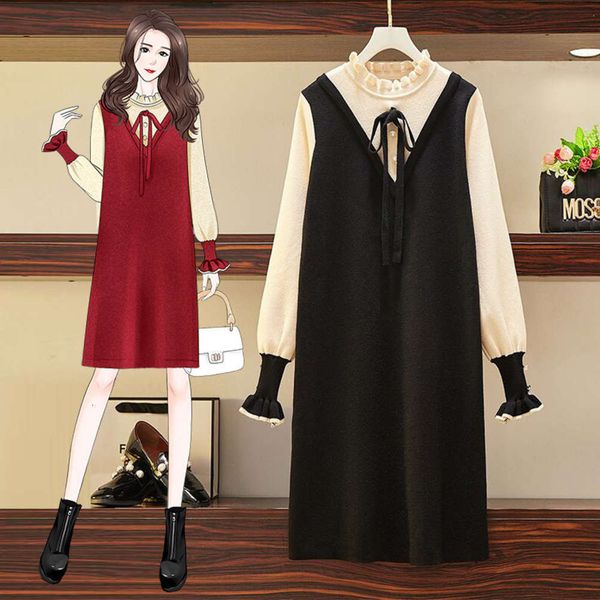 

casual dresses dress large women's fat mm spring foreign style fake two piece knitted age reducing and thin base woolen rdal, Black;gray
