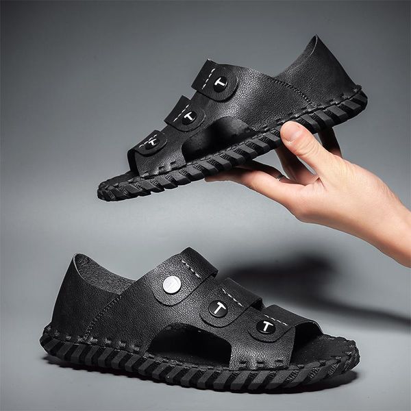 

sandals designer fashion cow leather men vintage style gladiator for beach slippers zapatos de hombre, Black