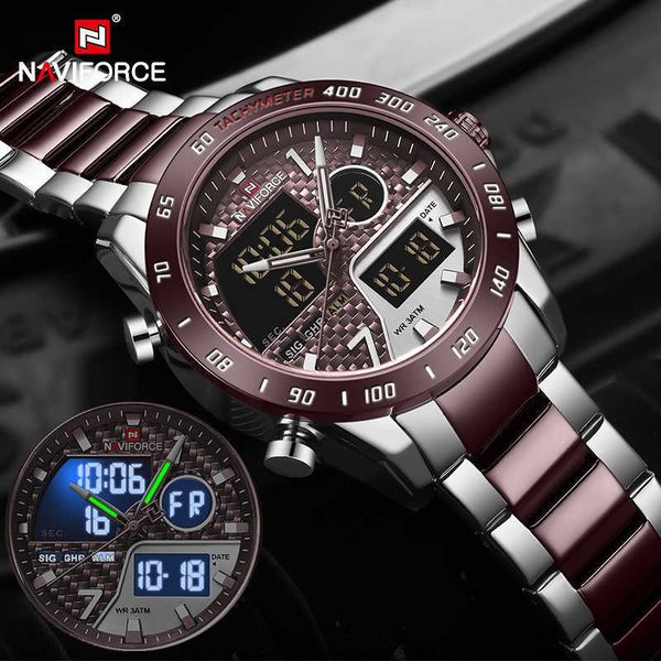 

naviforce men digital watch led sport military mens quartz wristwatch male luminous waterproof clock watches relogio masculino 210728, Slivery;brown
