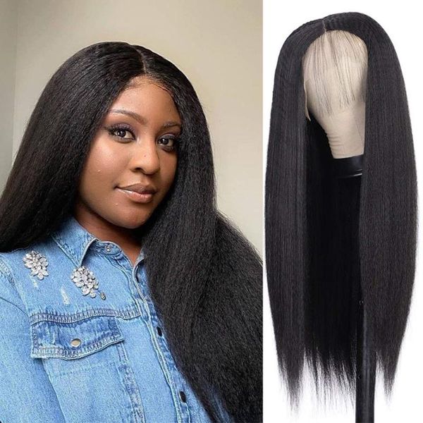 

synthetic wigs isaic kinky straight t part lace wig long black with baby hair heat resistant middle yaki for women