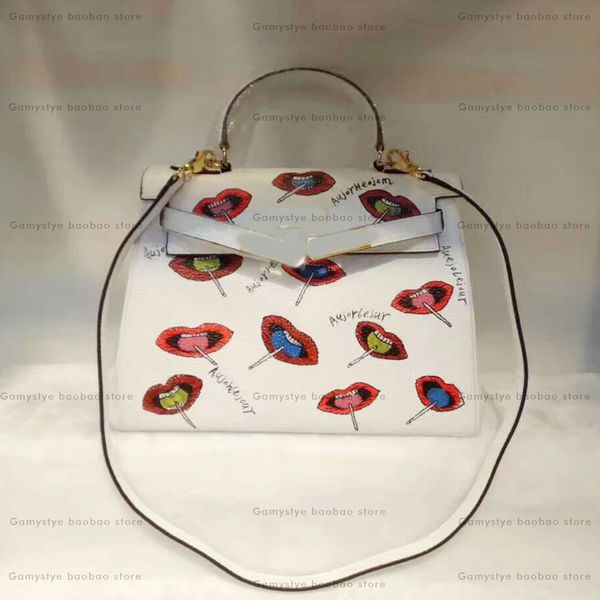 

punk rock lollipop lips fashion graffiti art hand painting draw custom women totes cowhide handbags genuine leather bags