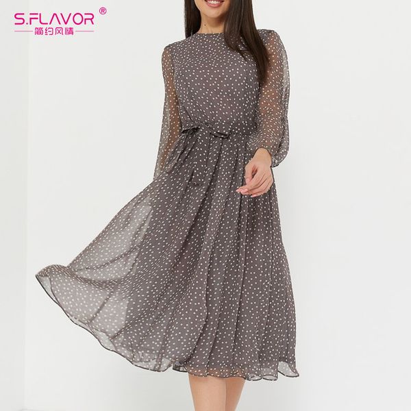 

s.flavor elegant dot print long sleeve spring dress casual o neck chiffon a line women summer dress vintage party midi vestidos, Black;gray
