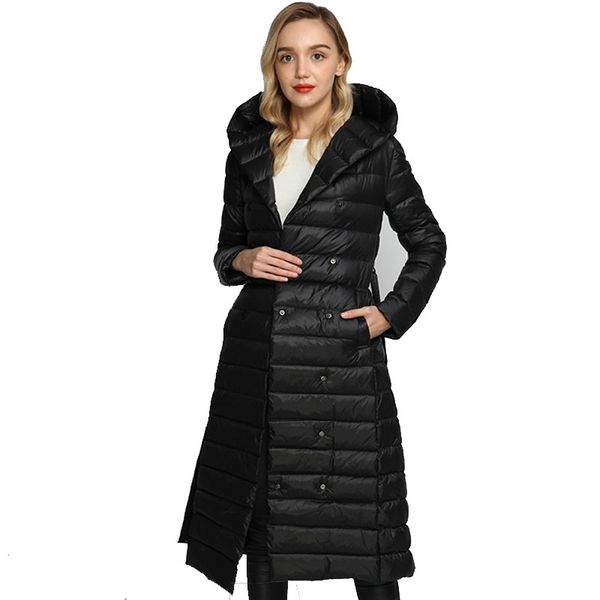 

winter down jacket female with belt bandage hooded white duck puffer coat women ultra light long parka ladies outerwear 210602, Black