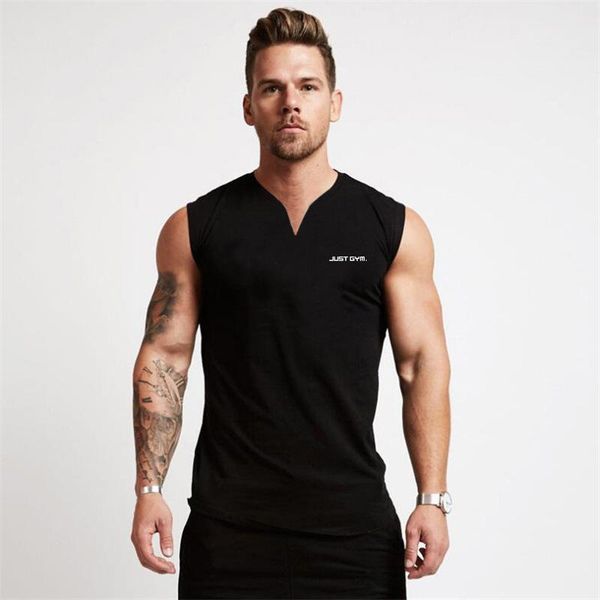 

men' tank gym clothing v neck cotton bodybuilding mens workout sleeveless shirt fitness sportswear running vests muscle singlets, White;black