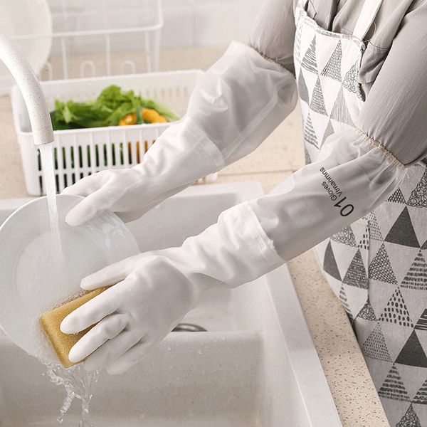 

gloves household plush warm home kitchen cleaning washing dishes brushing pot vegetables waterproof non slip plastic rubber, Blue;gray