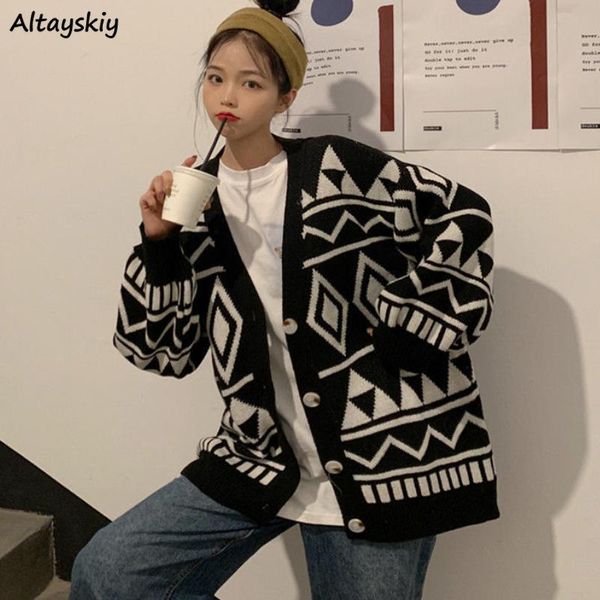 

women's knits & tees vintage argyle cardigans sweater women single breasted oversize student knit streetwear versatile boyfriend preppy, White
