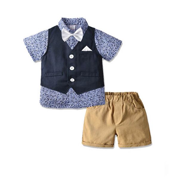 

kids clothing sets boys suits children clothes summer cotton short sleeve vest bow tie printed shirt shorts gentleman 3pcs outfits b7056, White