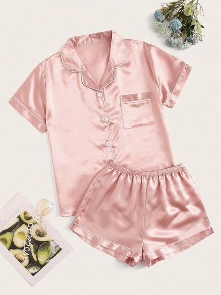 

plus contrast binding satin pajama set i1w1#, Black;white
