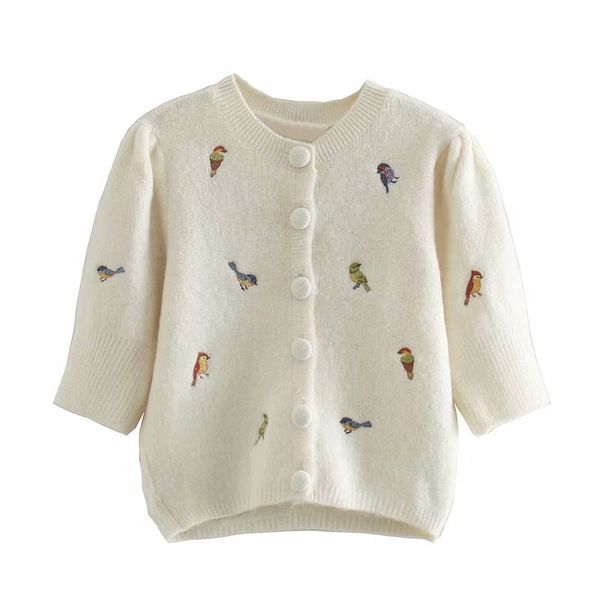 

casual woman beige embroidery cardigan fashion ladies autumn soft half sleeve knitwear female chic o neck knitted 210515, White