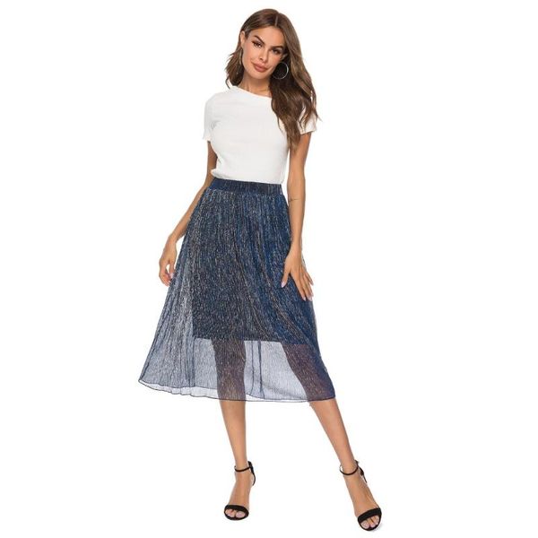 

skirts mesh spliced striped bright bling tulle skirt high waist a-line mid-calf femme 2021 women plus size s-4xl, Black
